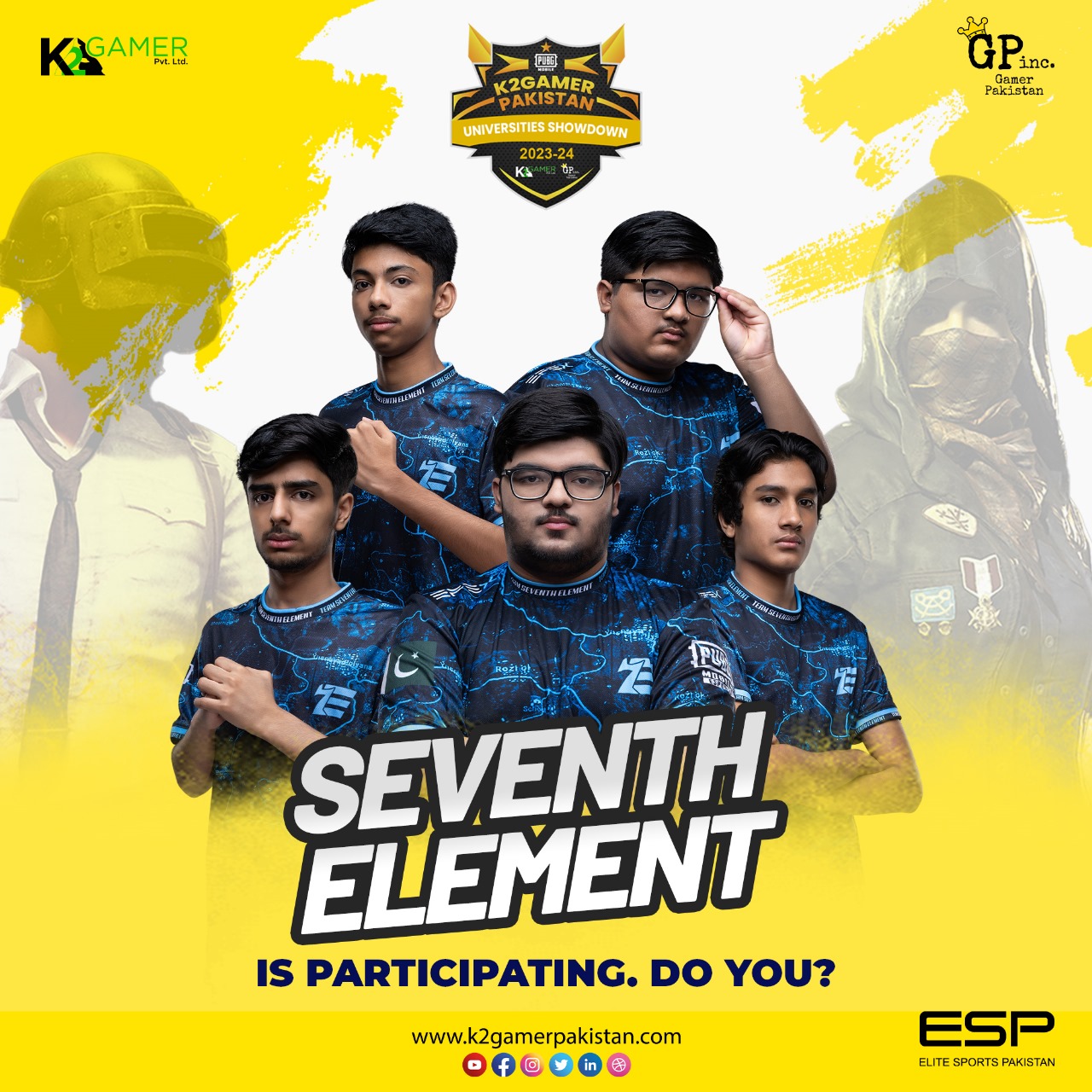 welcome @seventhelement.gg in PubgM K2 Gamers Pakistan Universities showdown 2023-2024.